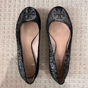 Tory Burch REVA Ballet Powdered Cheetah Animal Print Metal Logo Flats